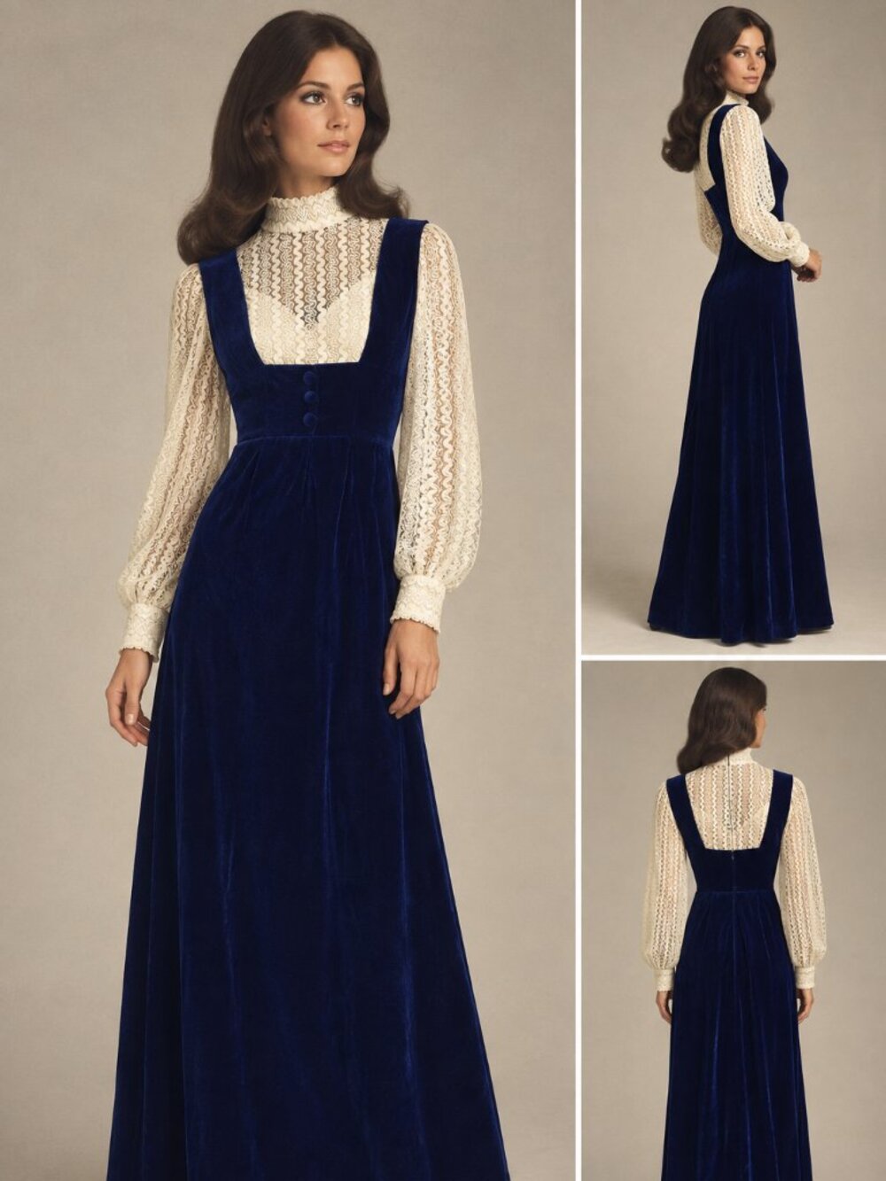 1960s Royal Blue Velvet & Ivory Lace Maxi Dress | Vintage Mod / Romantic Prairie